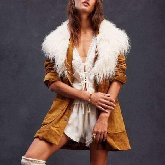 Free People Lady Lane Penny Lane Corduroy Vintage Inspired Faux Fur Jacket XS - Picture 2 of 10